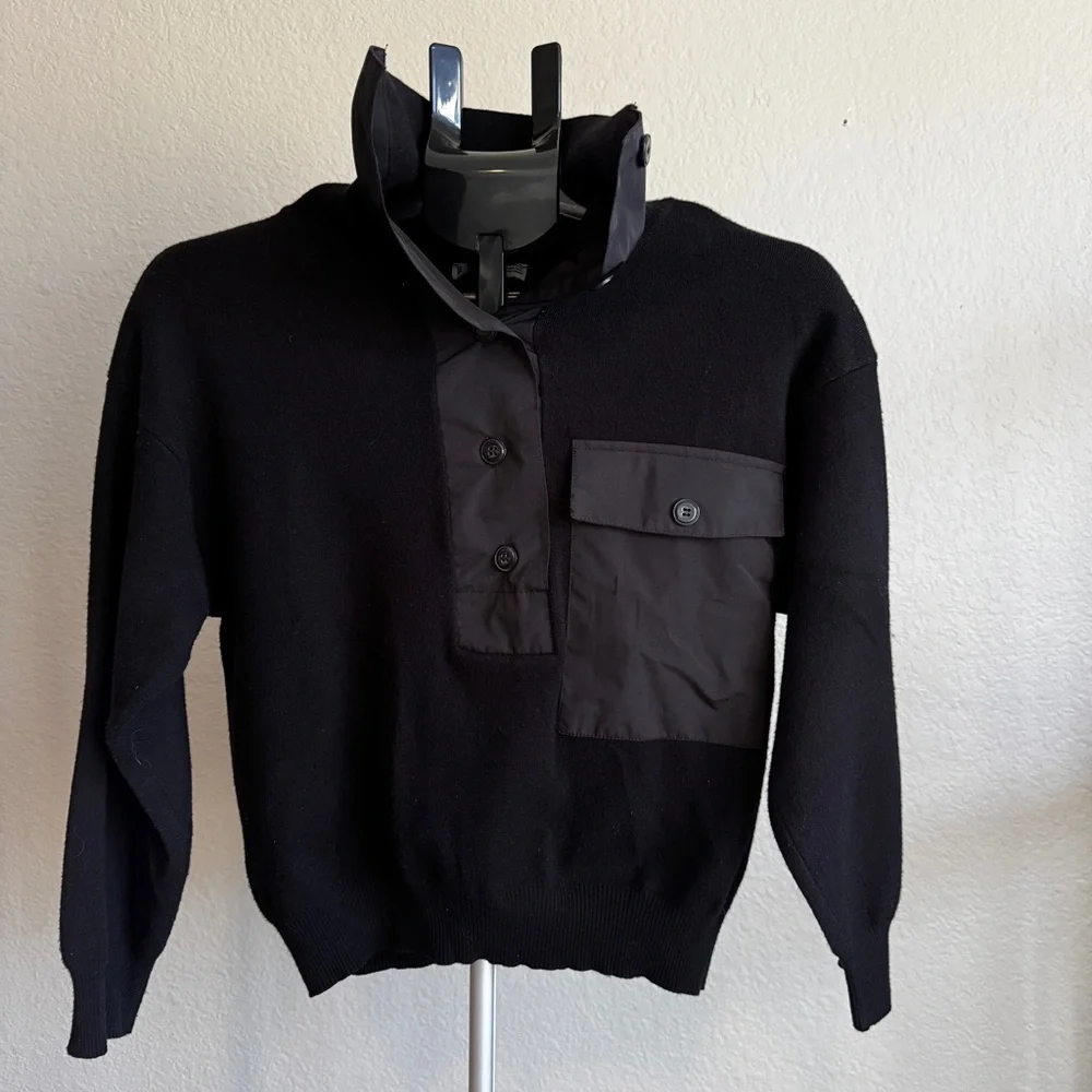 Mango MNG Black Mixed Media Knit Henley Utility Sweater XS - Picture 2 of 4
